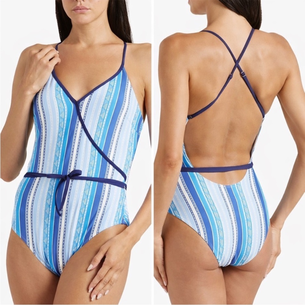 Lemlem Eshal Ballet Blue Striped One Piece Swimsuit Size S